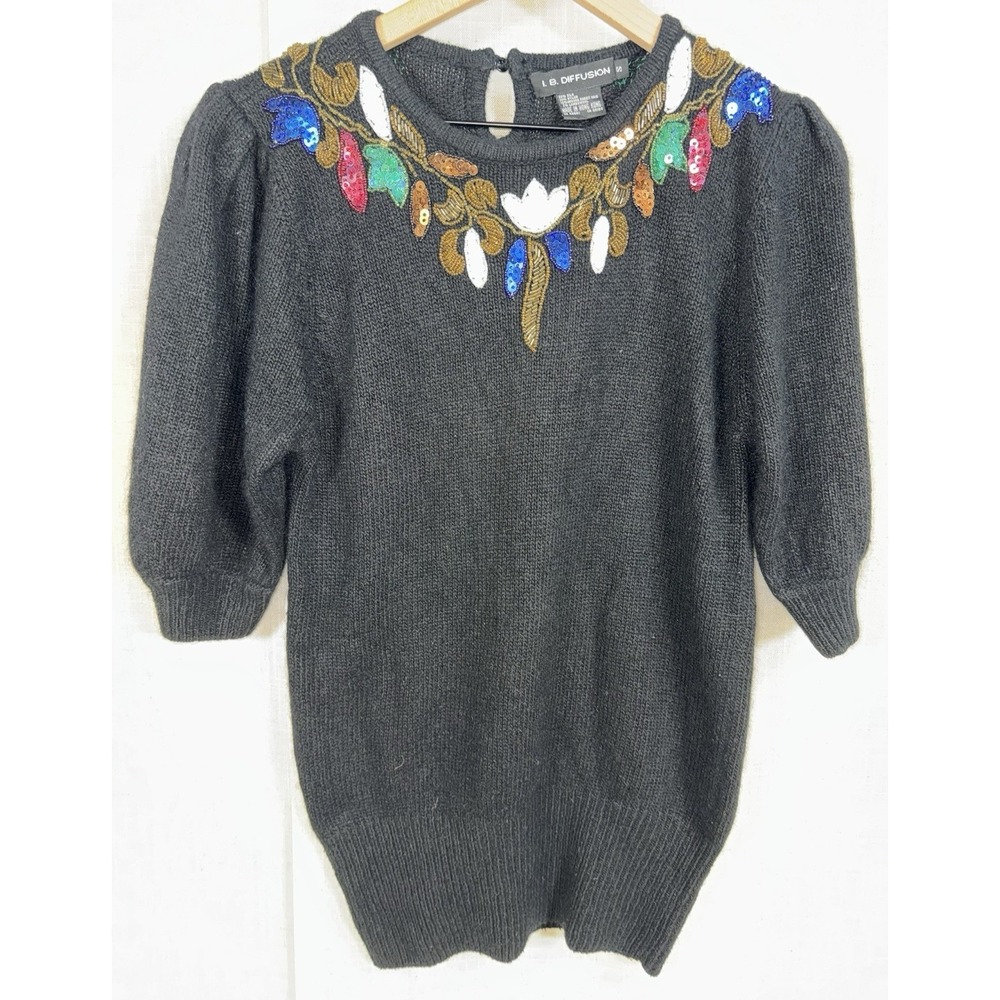 Vintage IB Diffusion Women's S Sweater Angora Silk Floral Beaded 80s Embellished